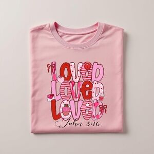 Valentine’s T-shirt loved 3 times with a message of faith S M L XL Pink new Jr
